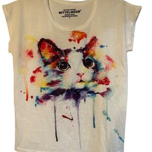 Kitty Mittelmeer Cat Graphic Tee Colorful‎ Watercolor Print Short Sleeve Top F